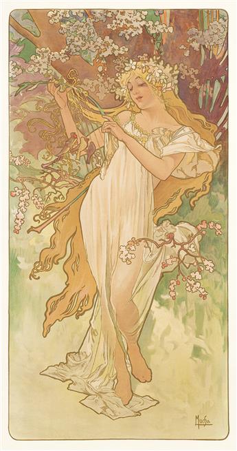 ALPHONSE MUCHA (1860-1939).  [THE SEASONS]. Group of 4 decorative panels. 1896. Each approximately 41x21½ inches, 104x51½ cm. [F. Champ